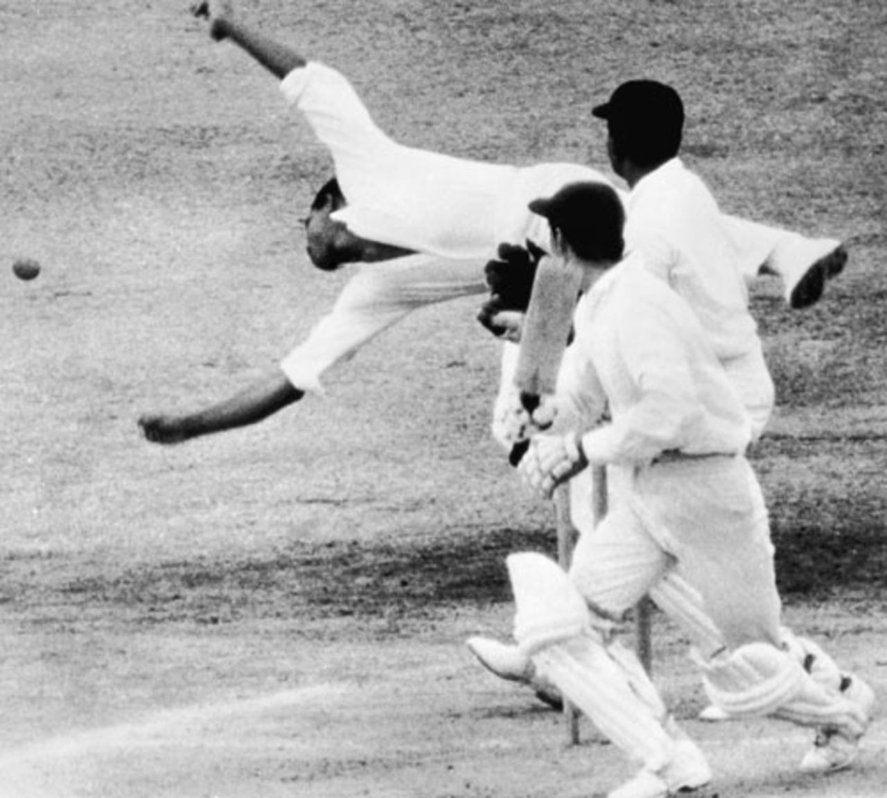 Garry Sobers dives to his right but fails to reach an edge off Alan Knott's bat, West Indies v England, 4th Test, Port of Spain, 4th day, March 18, 1968