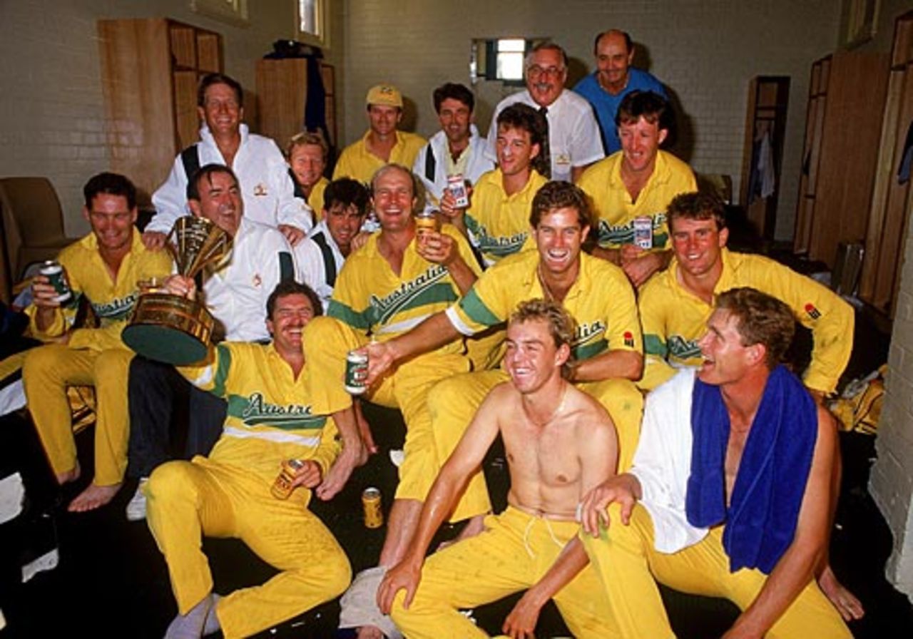 The Australians celebrate in the dressing room, Australia v Pakistan, Benson & Hedges World Series, 2nd final, Sydney, February 24, 1990