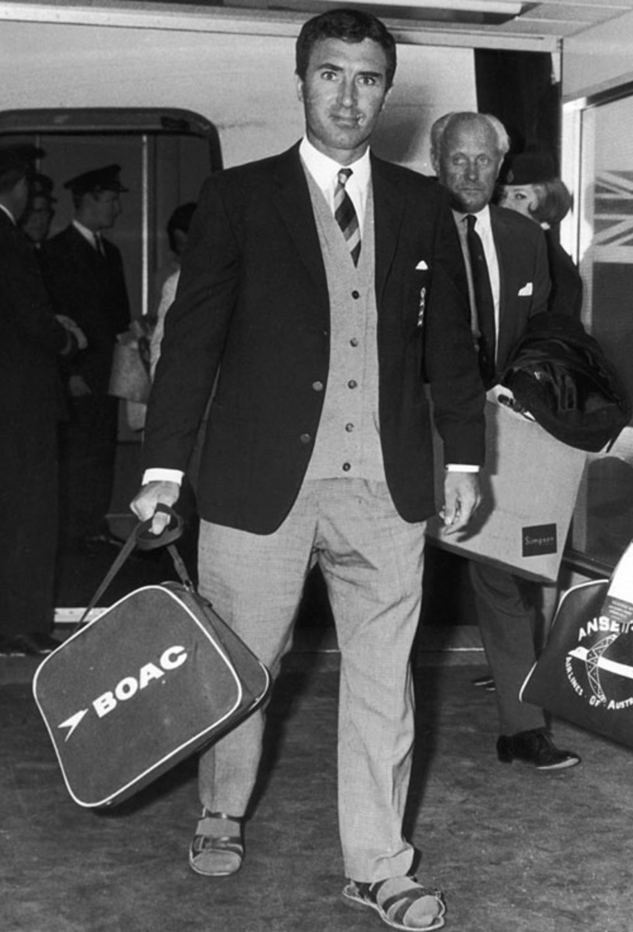 Fred Titmus arrives in London after losing four toes in an accident while on tour with England in the Caribbean, London, March 9, 1968