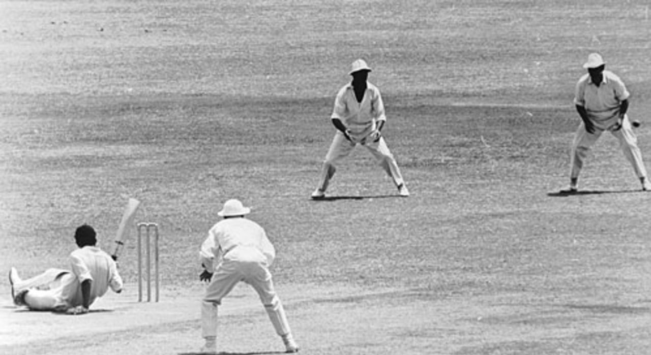 Steve Camacho slips while ducking under a bouncer, West Indies v England, 3rd Test, Bridgetown, 1st day, February 29, 1968