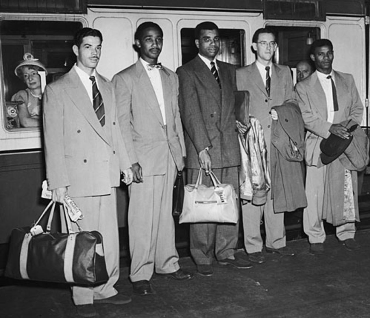 Kenneth Richards, Frank Worrell, Clyde Walcott, Roy Marshall and Everton Weekes at St Pancras station on their way to Australia, London, September 13, 1951