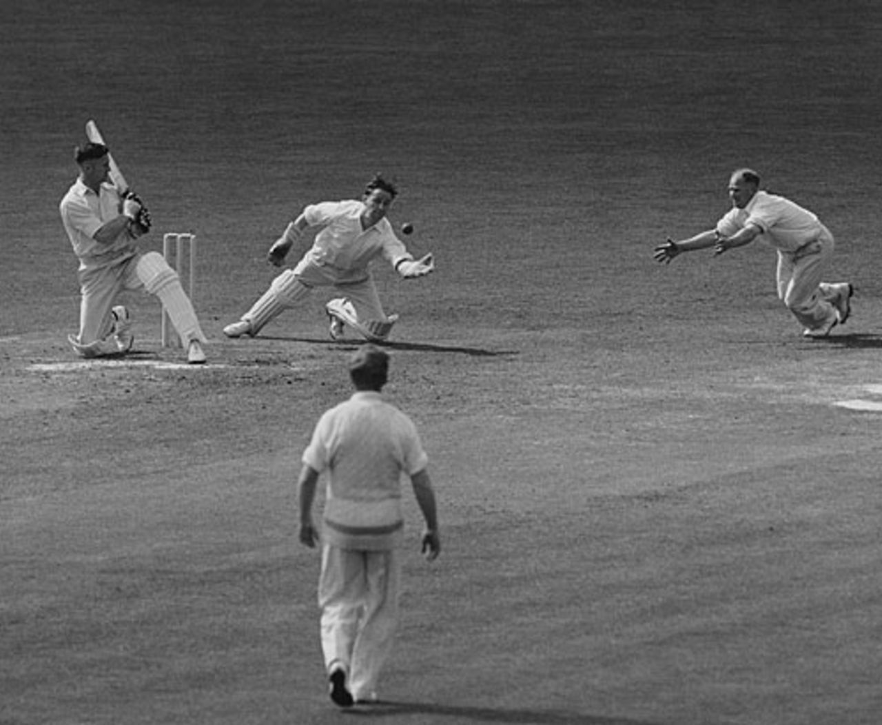 Keeper Harold Stephenson and fielder John Lawrence try to catch a ball off Surrey's Geoffrey Whittaker, Surrey v Somerset, County Championship, 2nd day, The Oval, May 24, 1951