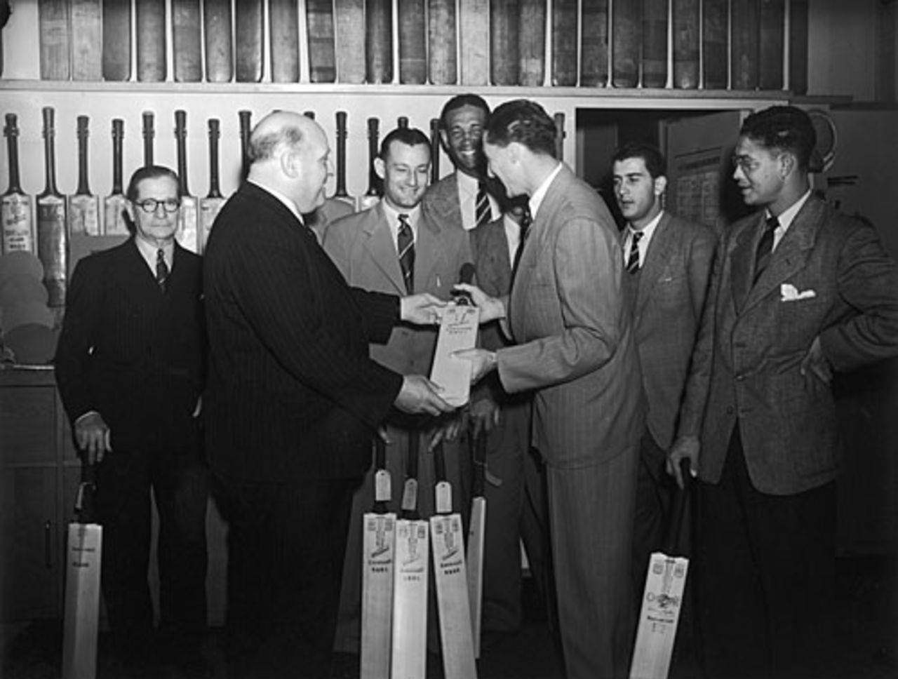 Wisden director HA Tipper presenting bats to Jeffrey Stollmeyer, September 20, 1950