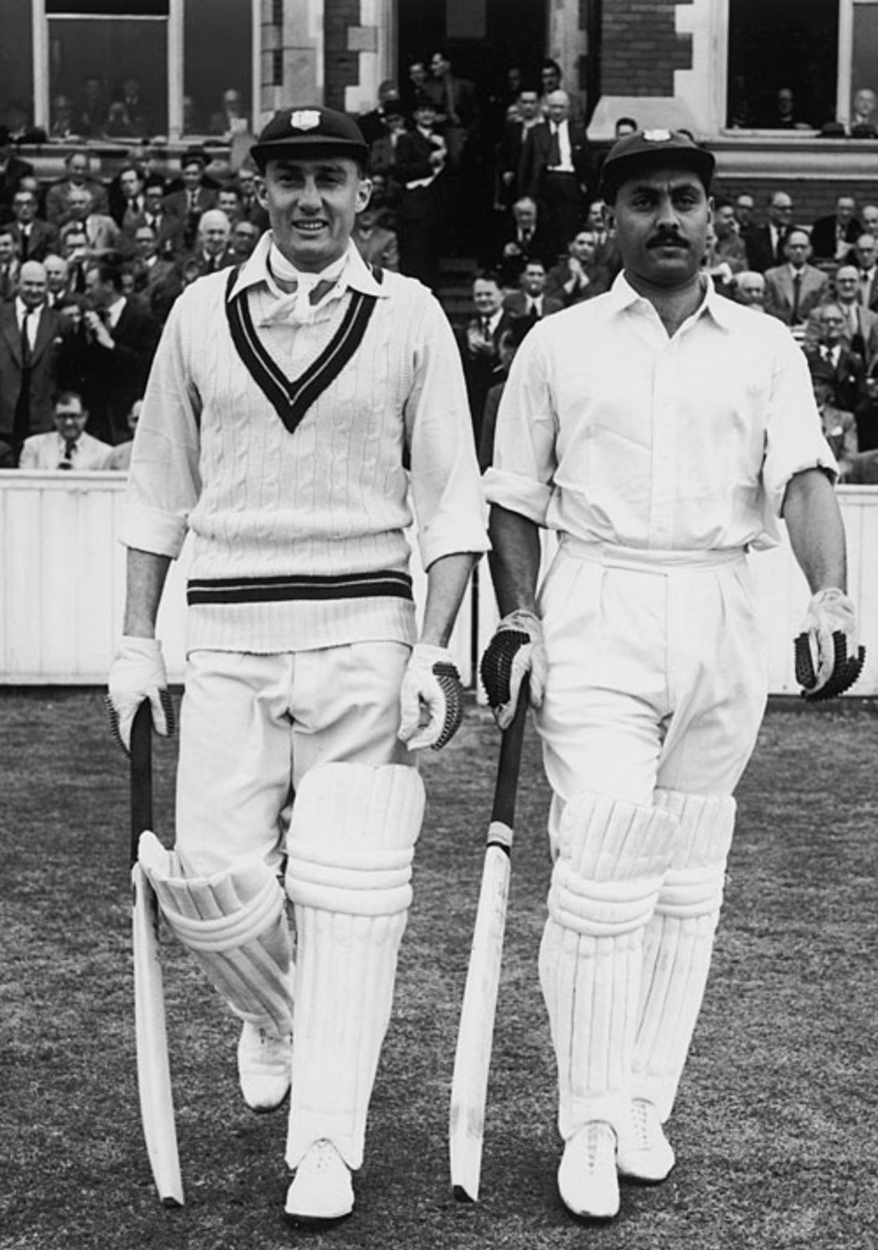 Openers Jeffrey Stollmeyer and Allan Rae come out to bat, England v West Indies, 4th Test, The Oval, 1st day, August 12, 1950