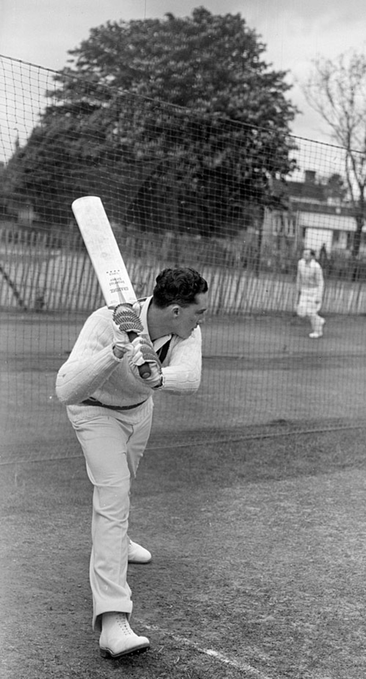Jeffrey Stollmeyer bats in the nets ahead of West Indies' match against Cambridge University, May 16, 1950