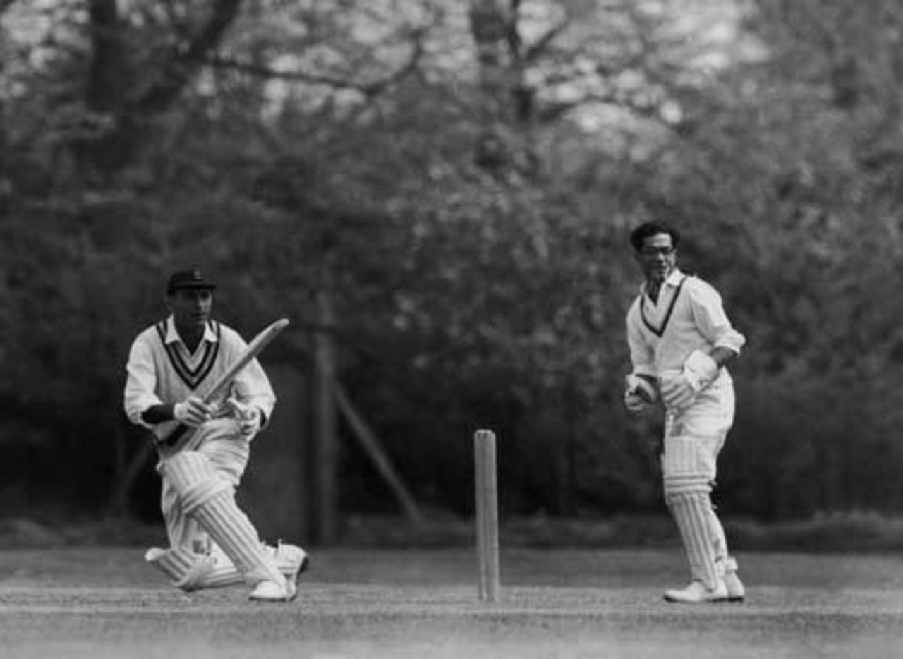 Polly Umrigar bats at a practice session at Osterley, Middlesex, during India's tour of England, 23 April 1959