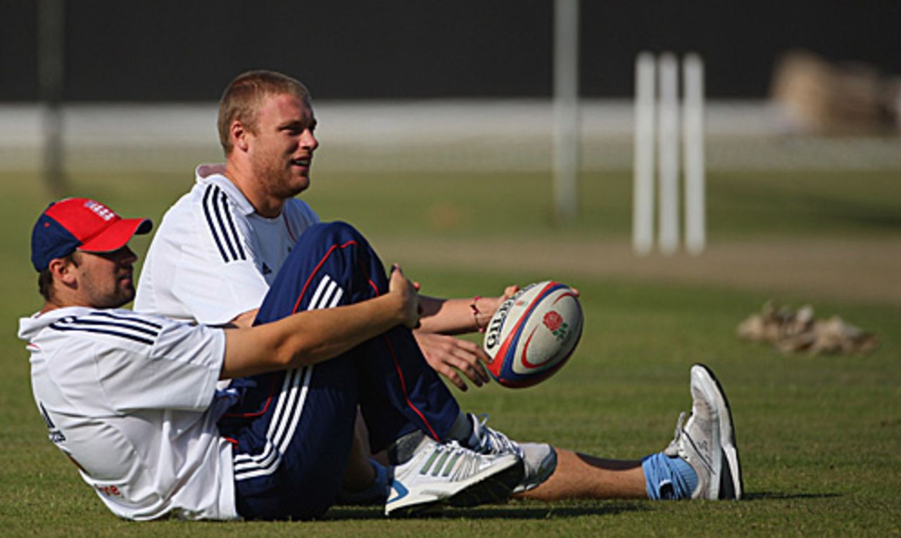 Andrew Flintoff and Steve Harmison take a breather, Sheikh Zayed Stadium, December 6, 2008