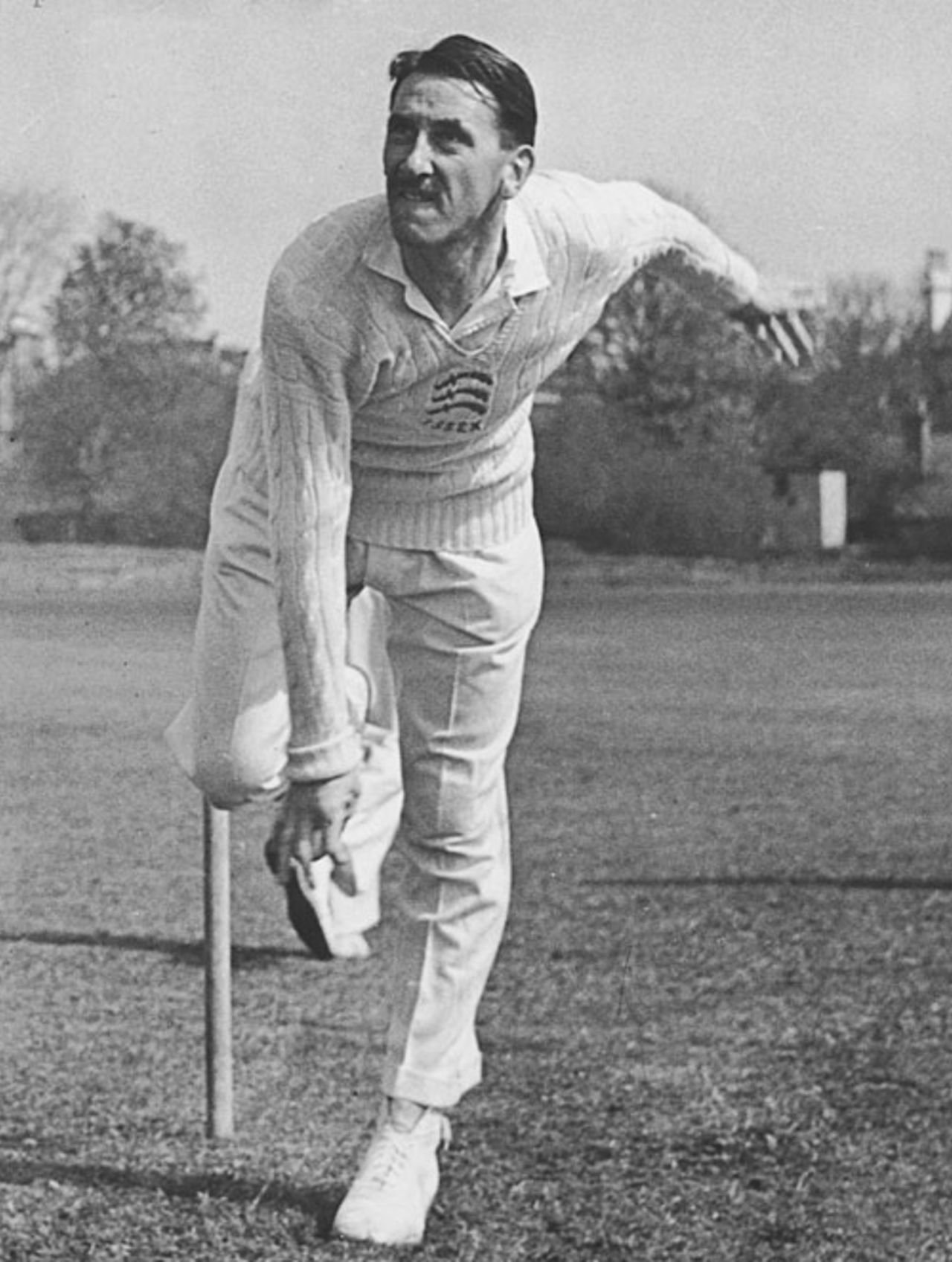 Essex legspinner Frank Vigar bowls in the nets, 1950