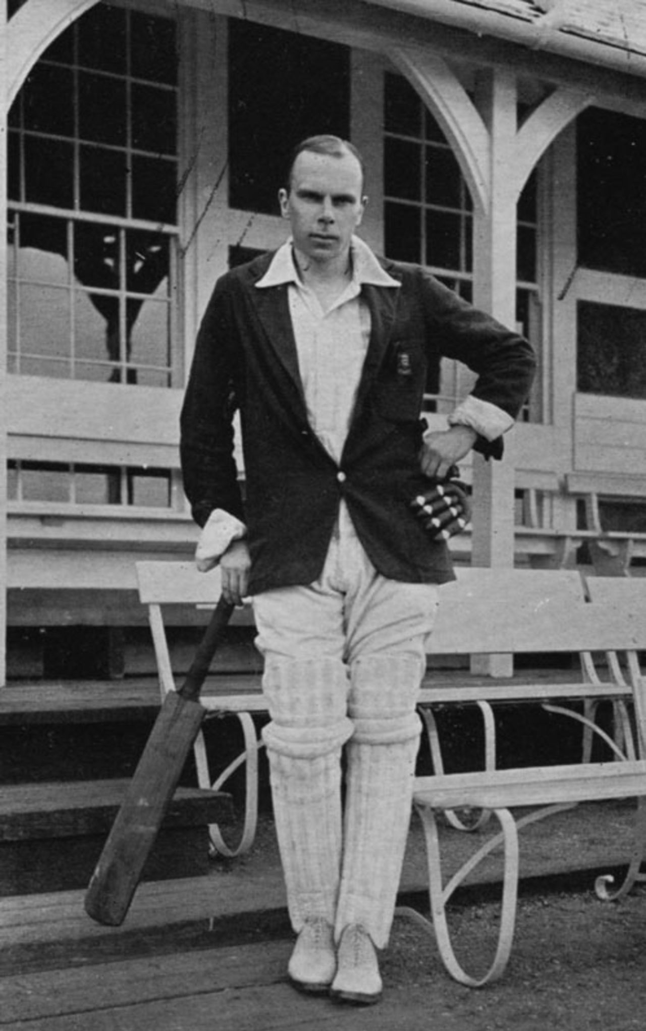 Frank Gillingham poses outside the Essex pavilion, 1914