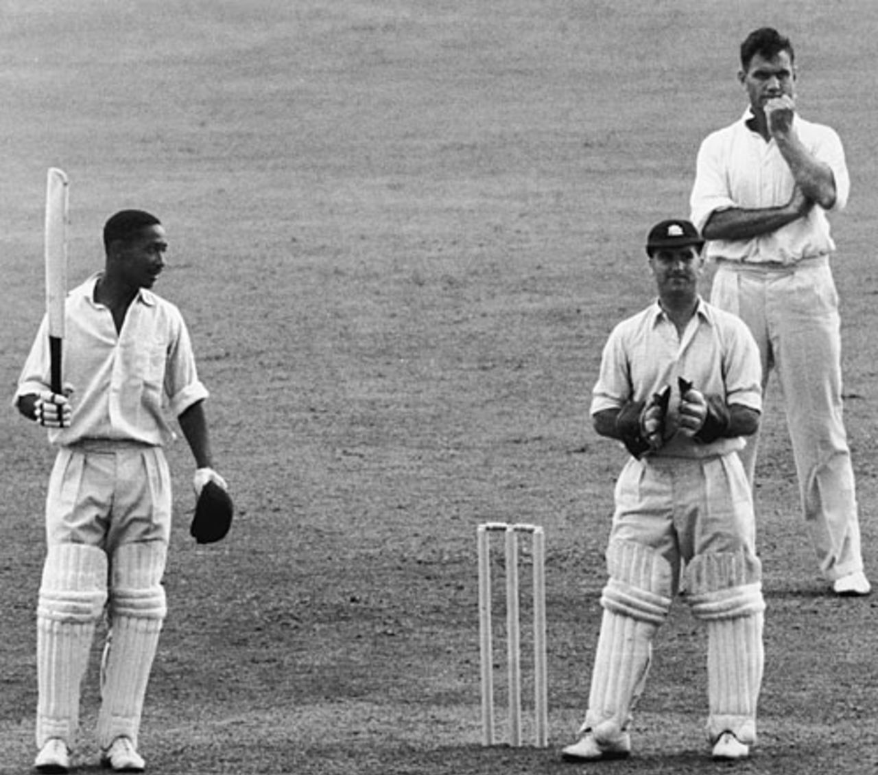 Frank Worrell raises the bat after reaching his double-century, England v West Indies, 3rd Test, Trent Bridge, 2nd day, July 21, 1950
