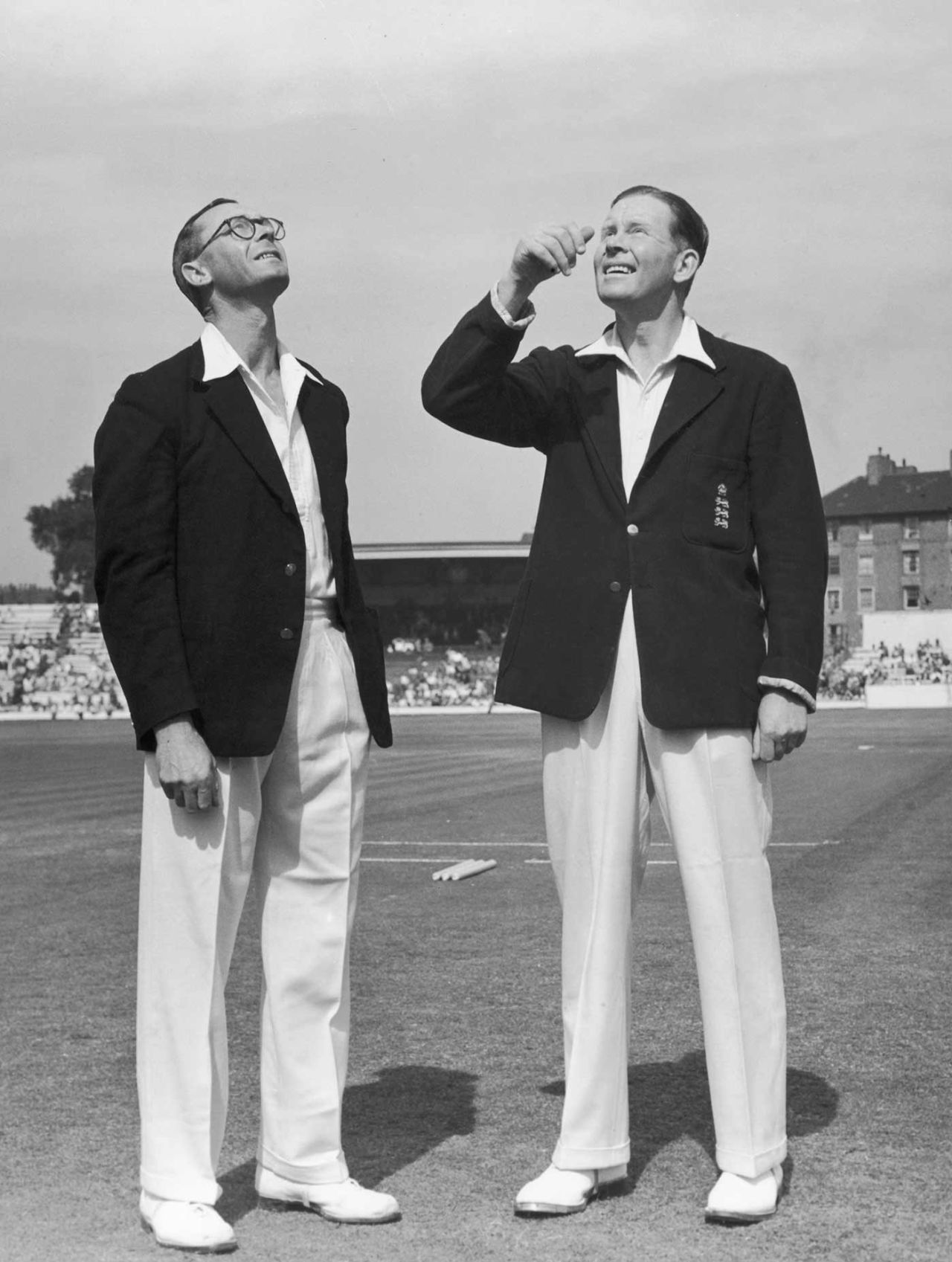 New Zealand captain Walter Hadlee watches as England captain Freddie Brown tosses the coin, England v New Zealand, 4th Test, The Oval, 1st day, August 13, 1949