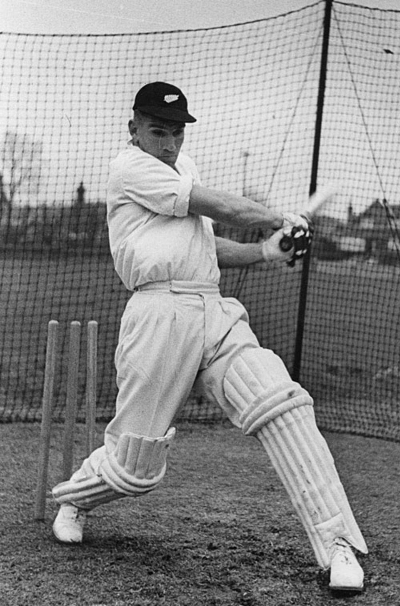 John Reid bats hits out in the nets, Bradford, May 1, 1949