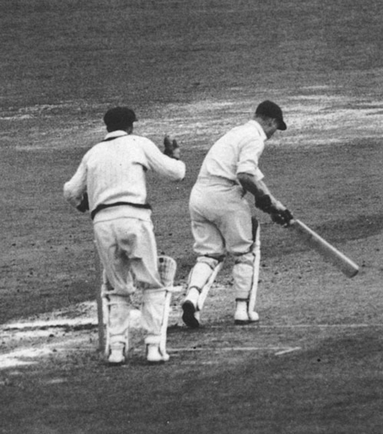 Allan Watkins is bowled for a duck, England v Australia, 5th Test, The Oval, 1st day, August 14, 1948