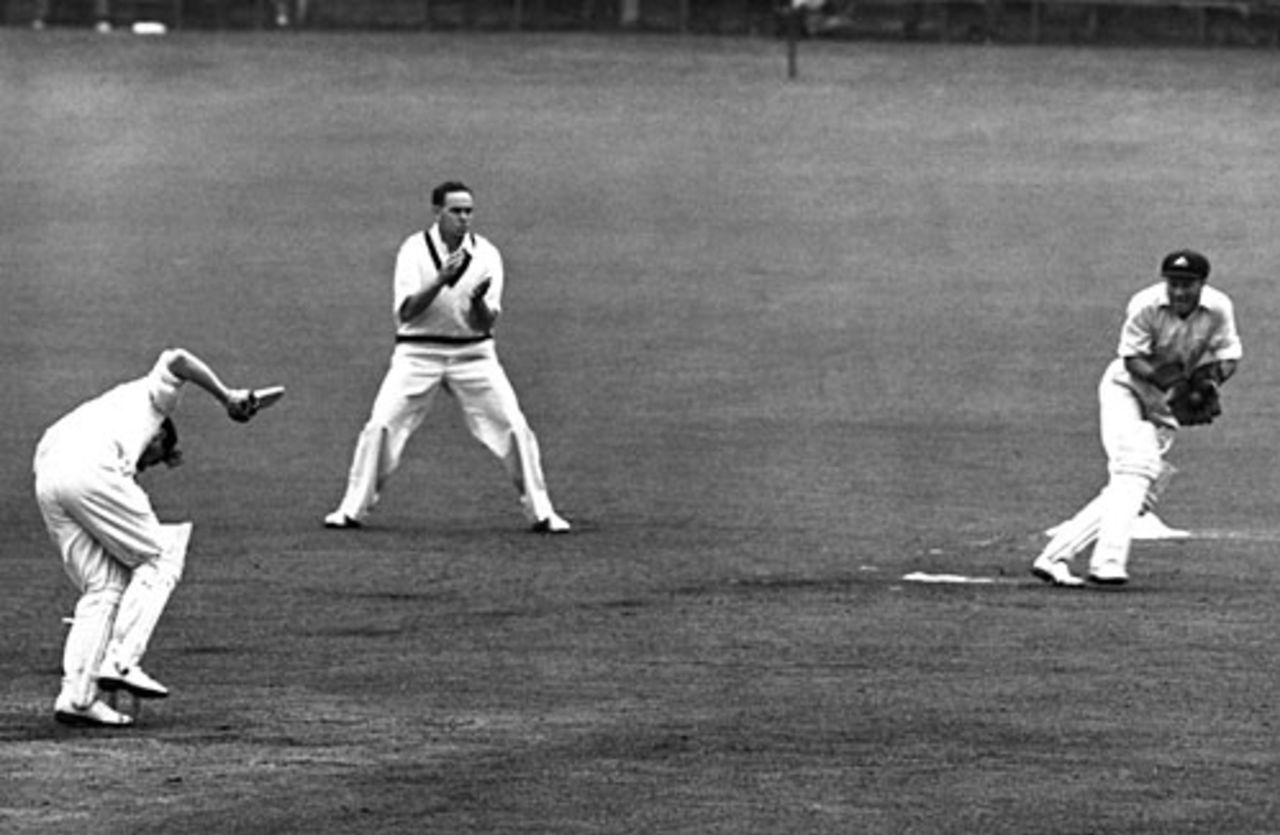 Denis Compton is dismissed as he falls over his wicket, England v Australia, 1st Test, Trent Bridge, 5th day, June 15, 1948