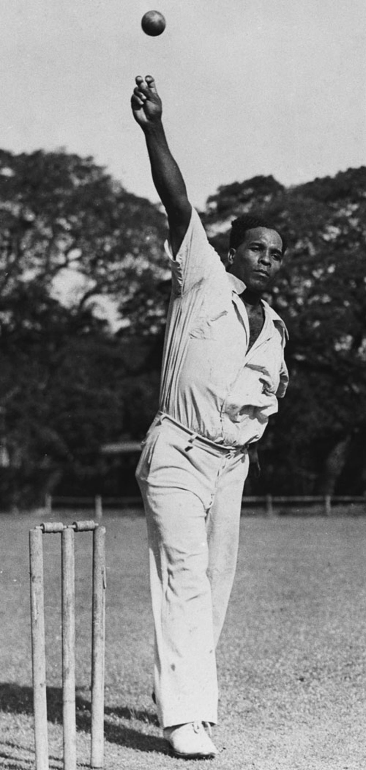 John Trim bowls in the nets ahead of his Test debut, Georgetown, March, 1948