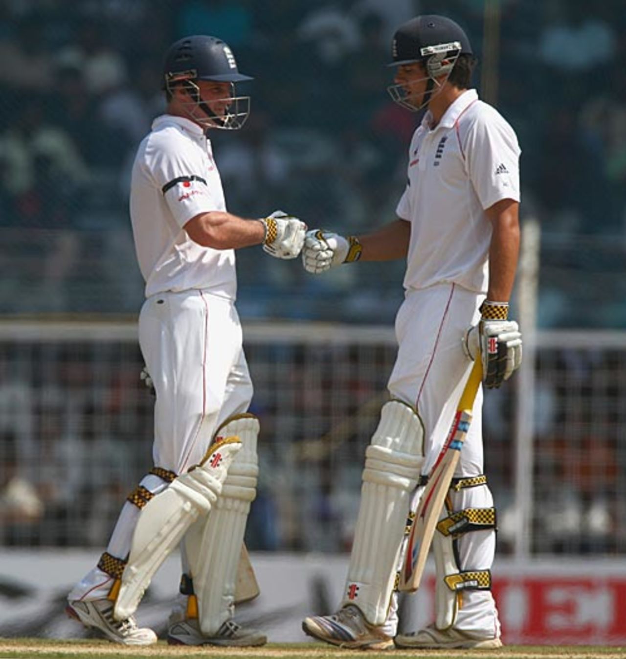 Andrew Strauss and Alastair Cook are delighted with their century stand, India v England, 1st Test, Chennai, 1st day, December 11, 2008