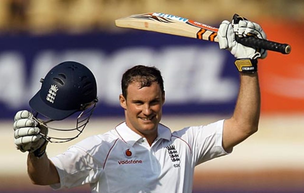 Andrew Strauss celebrates his ton, India v England, 1st Test, Chennai, 1st day, December 11, 2008