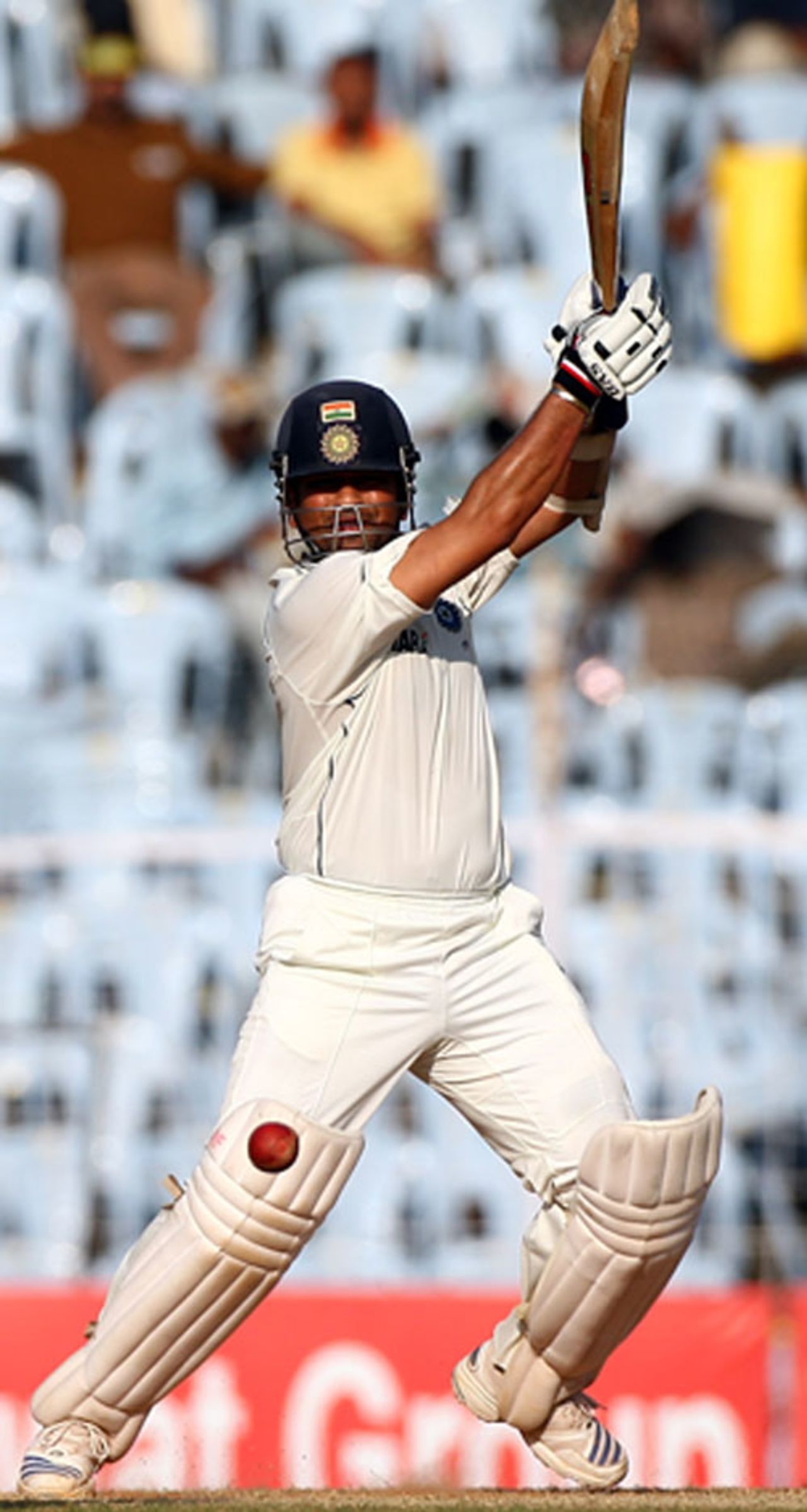 Sachin Tendulkar plays a forceful shot through the off side, India v England, 1st Test, Chennai, 2nd day, December 12, 2008