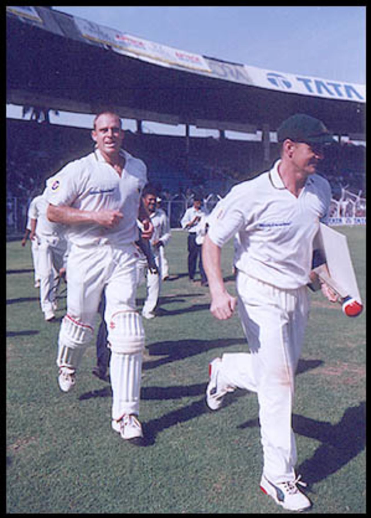 Centurions Gilchrist and Hayden lead the victory lap. Australia in India, 2000/01, 1st Test, India v Australia, Wankhede Stadium, Mumbai, 27Feb-01March 2001 (Day 3).