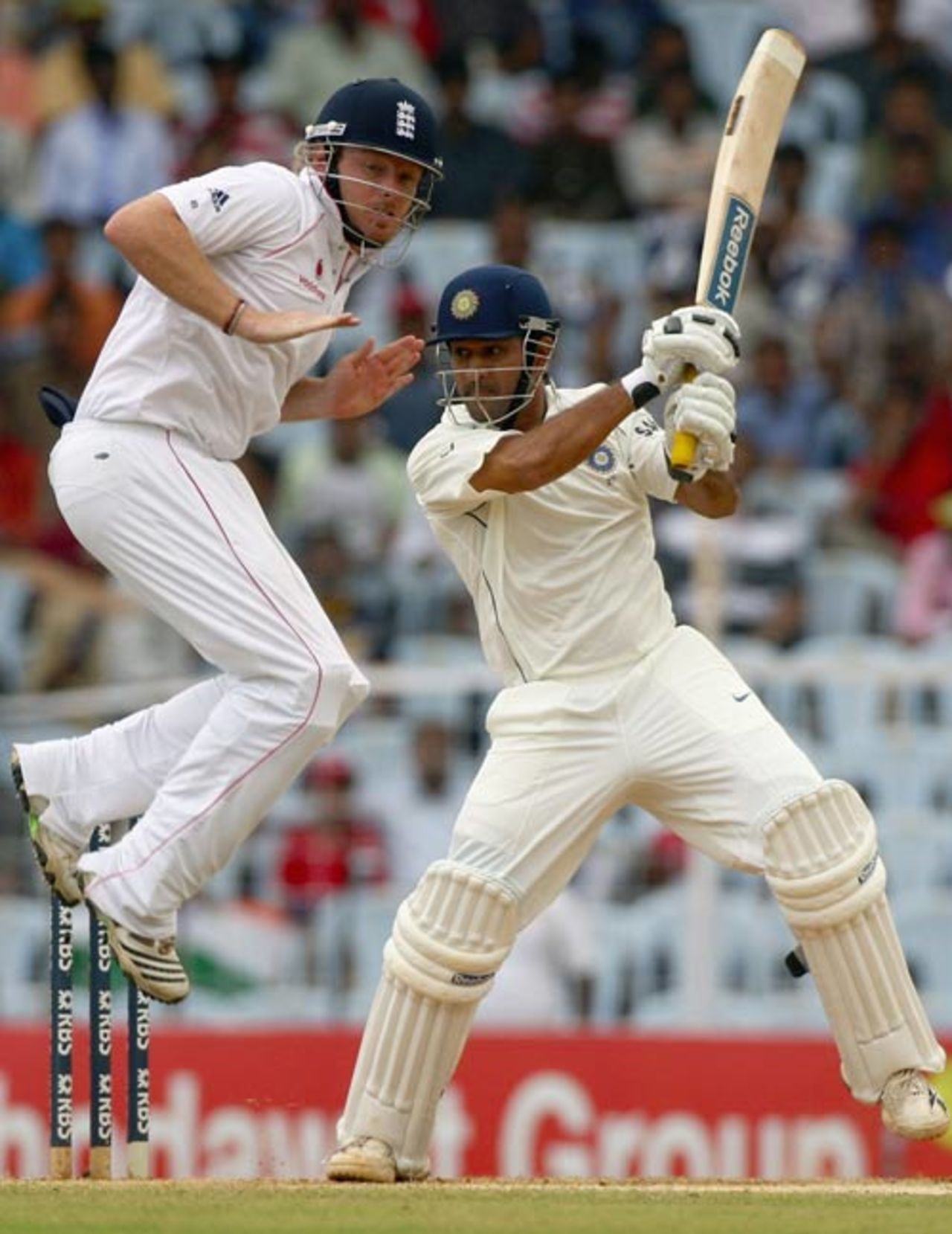 Ian Bell takes evasive action as Mahendra Singh Dhoni crunches the ball through the off side, India v England, 1st Test, Chennai, 3rd day, December 13, 2008
