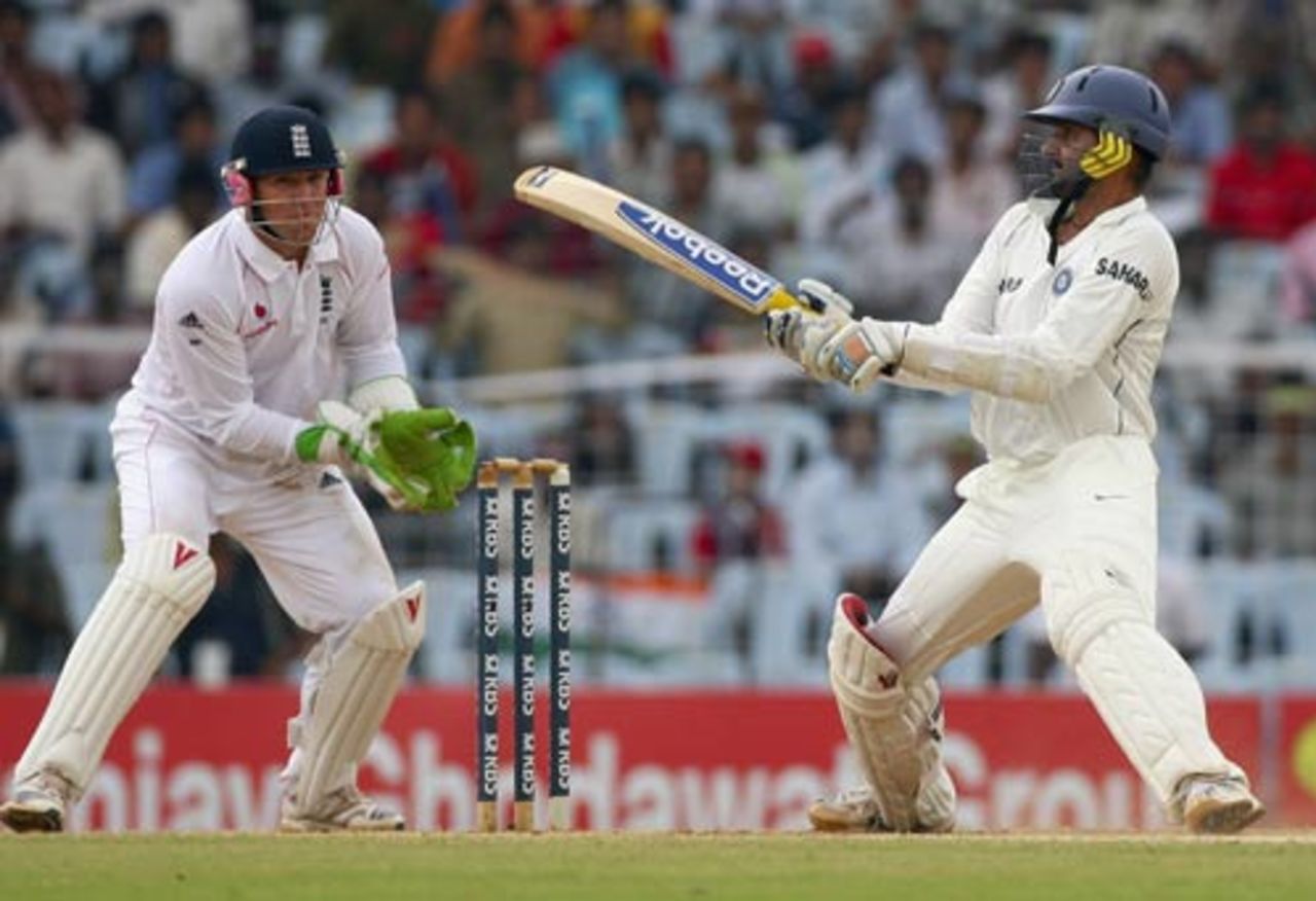 Matt Prior watches as Harbhajan Singh plays an ungainly reverse-sweep, India v England, 1st Test, Chennai, 3rd day, December 13, 2008