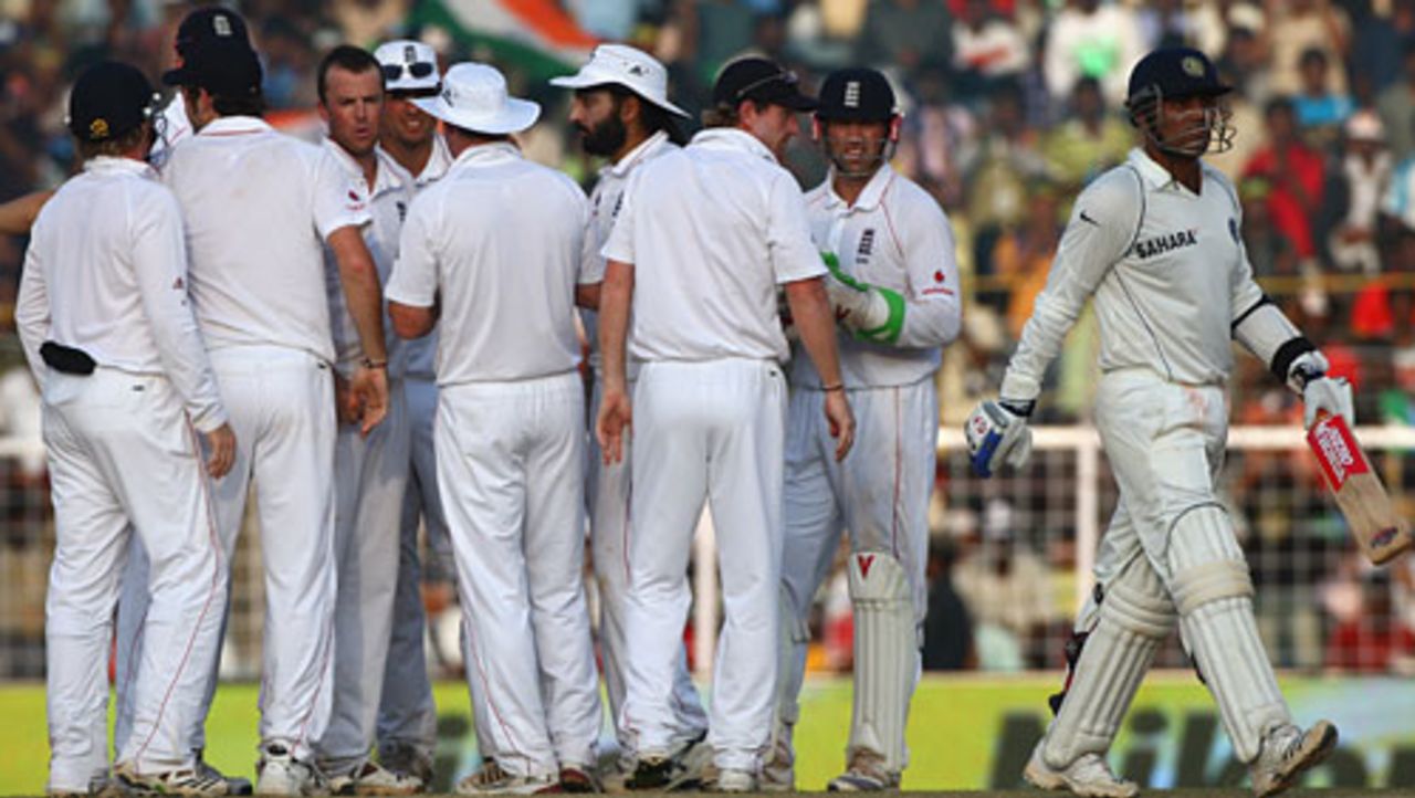 The England players have a reason to celebrate after Virender Sehwag departs for a blistering 83, India v England, 1st Test, Chennai, 4th day, December 14, 2008