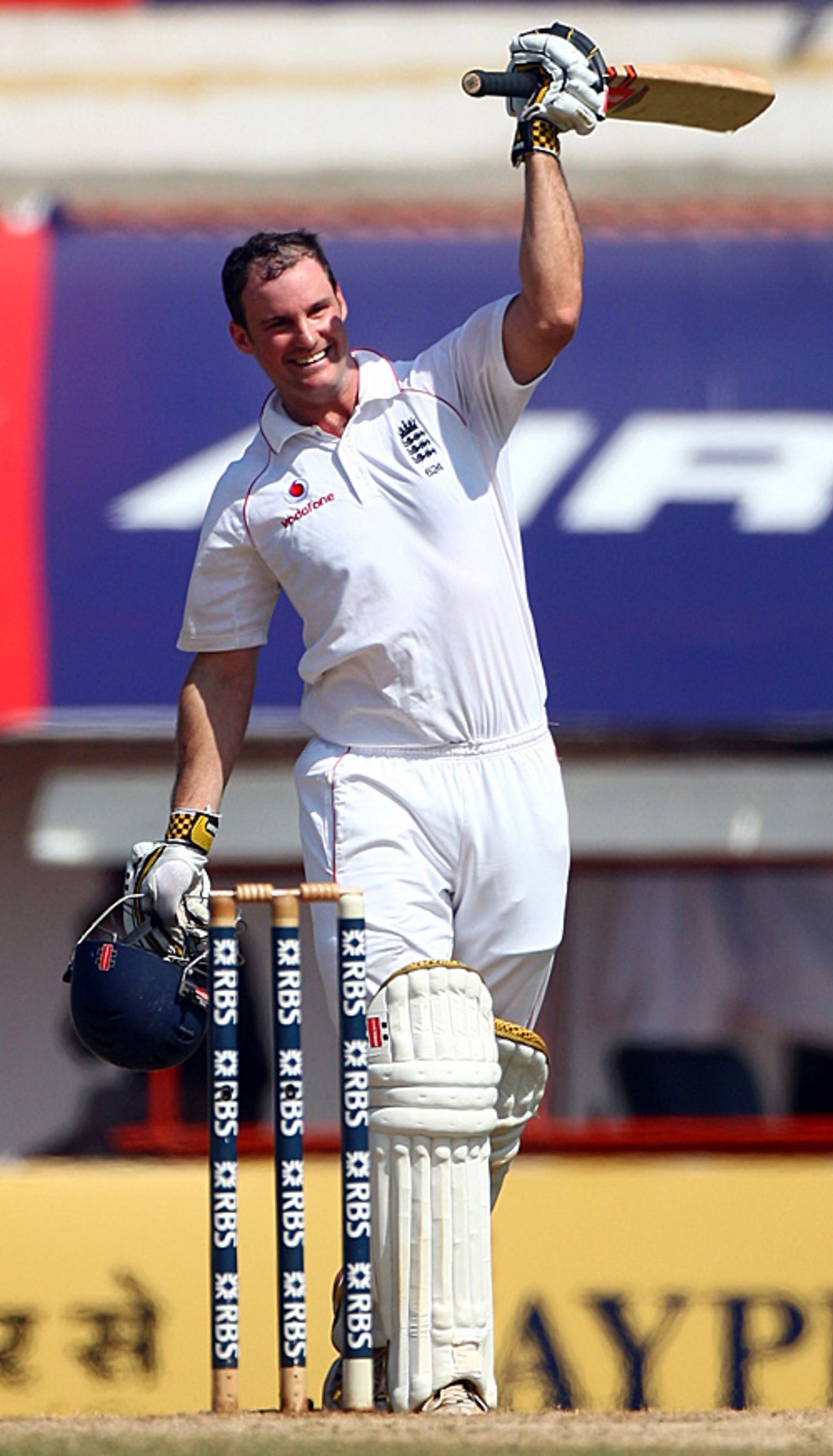 Andrew Strauss is ecstatic after reaching his second century in the match, India v England, 1st Test, Chennai, 4th day, December 14, 2008