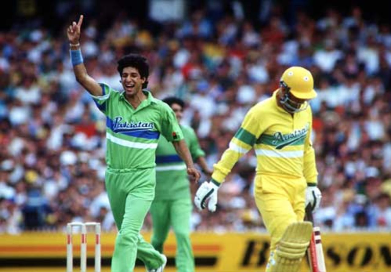 Wasim Akram celebrates taking the wicket of Geoff Marsh, Australia v Pakistan, Melbourne. 3 January 1990