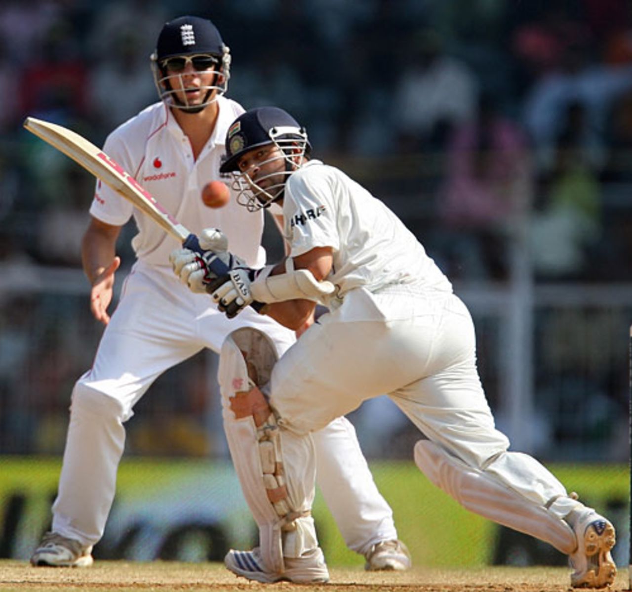 Sachin Tendulkar works one away behind square, India v England, 1st Test, Chennai, 5th day, December 15, 2008