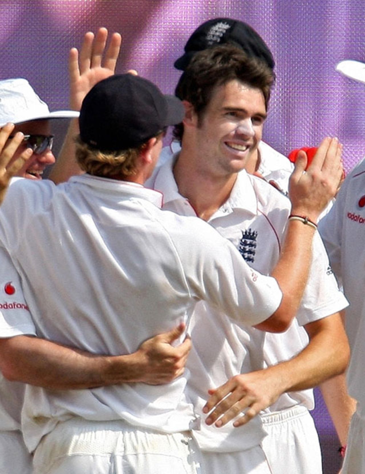James Anderson is mobbed by his team-mates after getting rid of Gautam Gambhir, India v England, 1st Test, Chennai, 5th day, December 15, 2008