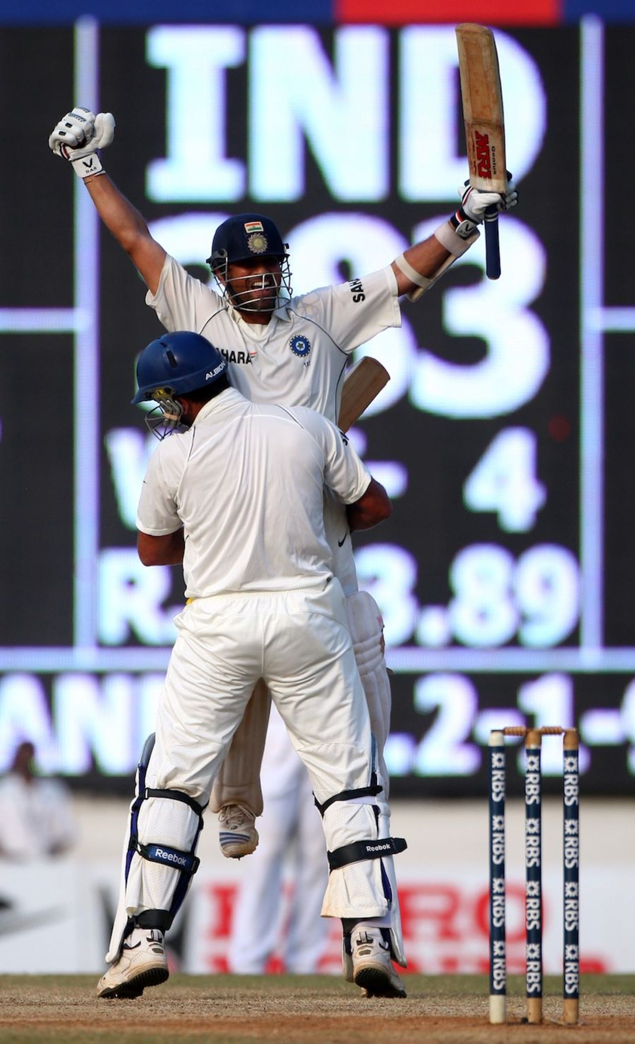 Yuvraj Singh gives Sachin Tendulkar a celebratory lift, India v England, 1st Test, Chennai, 5th day, December 15, 2008