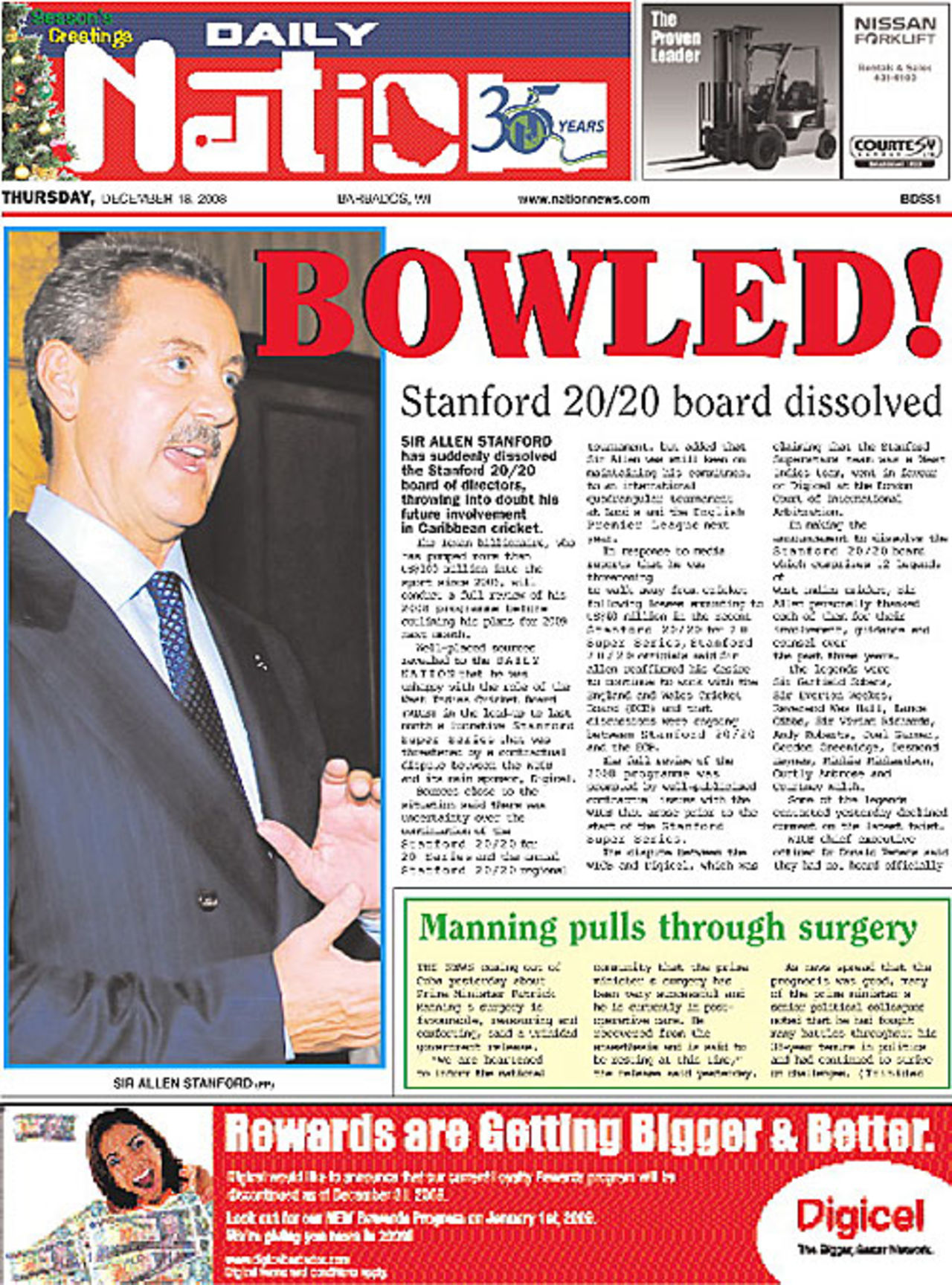 The front page of Barbados' Daily Nation on the latest Stanford crisis, December 18, 2008