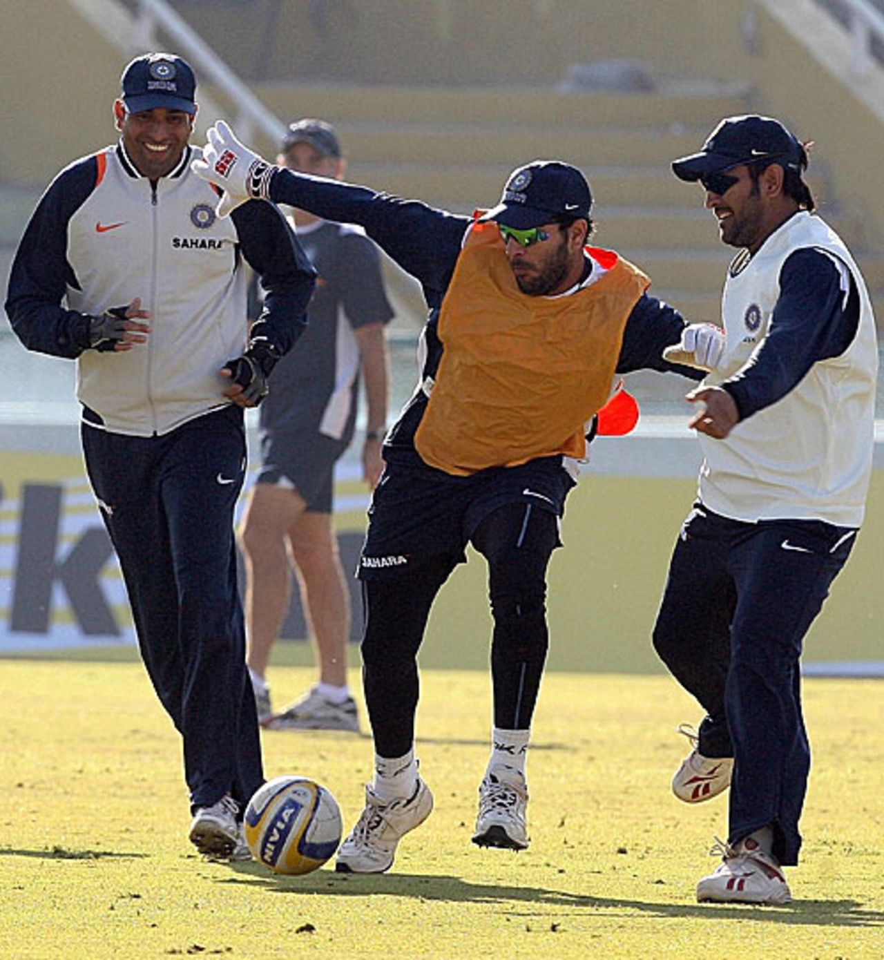 VVS Laxman, Yuvraj Singh and Mahendra Singh Dhoni have fun with soccer, Mohali, December 18, 2008