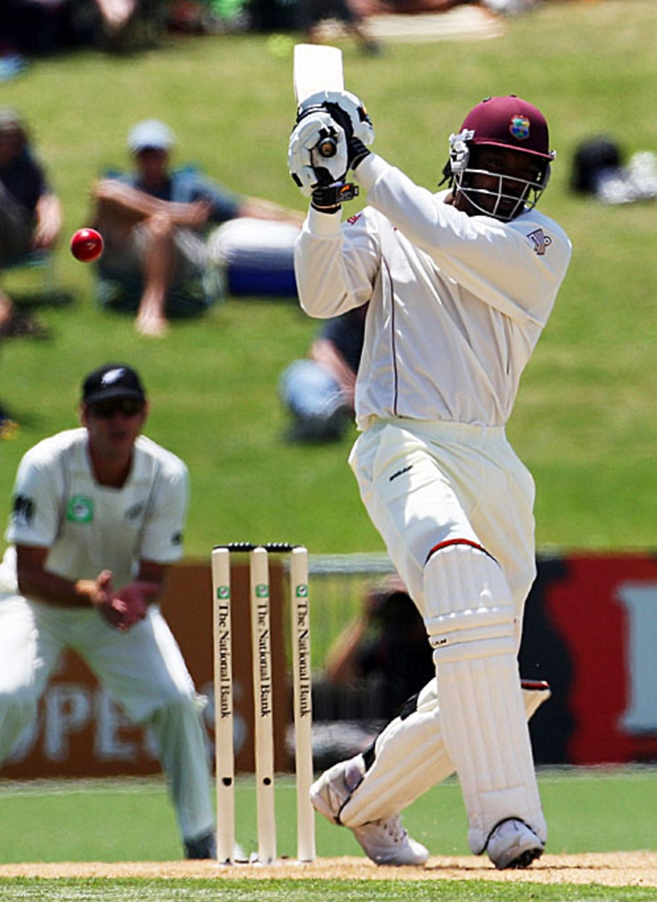 Chris Gayle tries to force it straight down the ground, New Zealand v West Indies, 2nd Test, Napier, 1st day, December 19, 2008