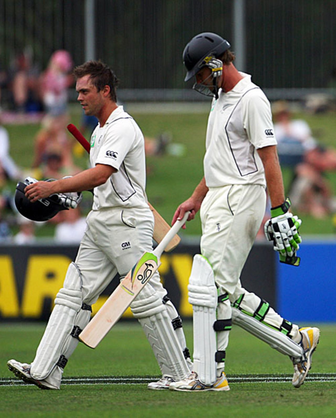 Daniel Flynn and Tim McIntosh walk off after bad light intervenes, New Zealand v West Indies, 2nd Test, Napier, 2nd day, December 20, 2008