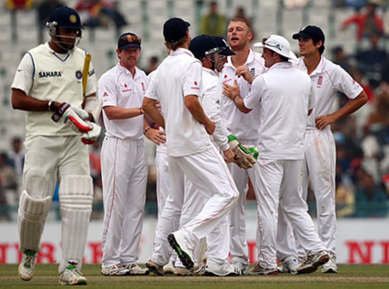 VVS Laxman walks back after being trapped lbw by Andrew Flintoff, India v England, 2nd Test, Mohali, 2nd day, December 20, 2008