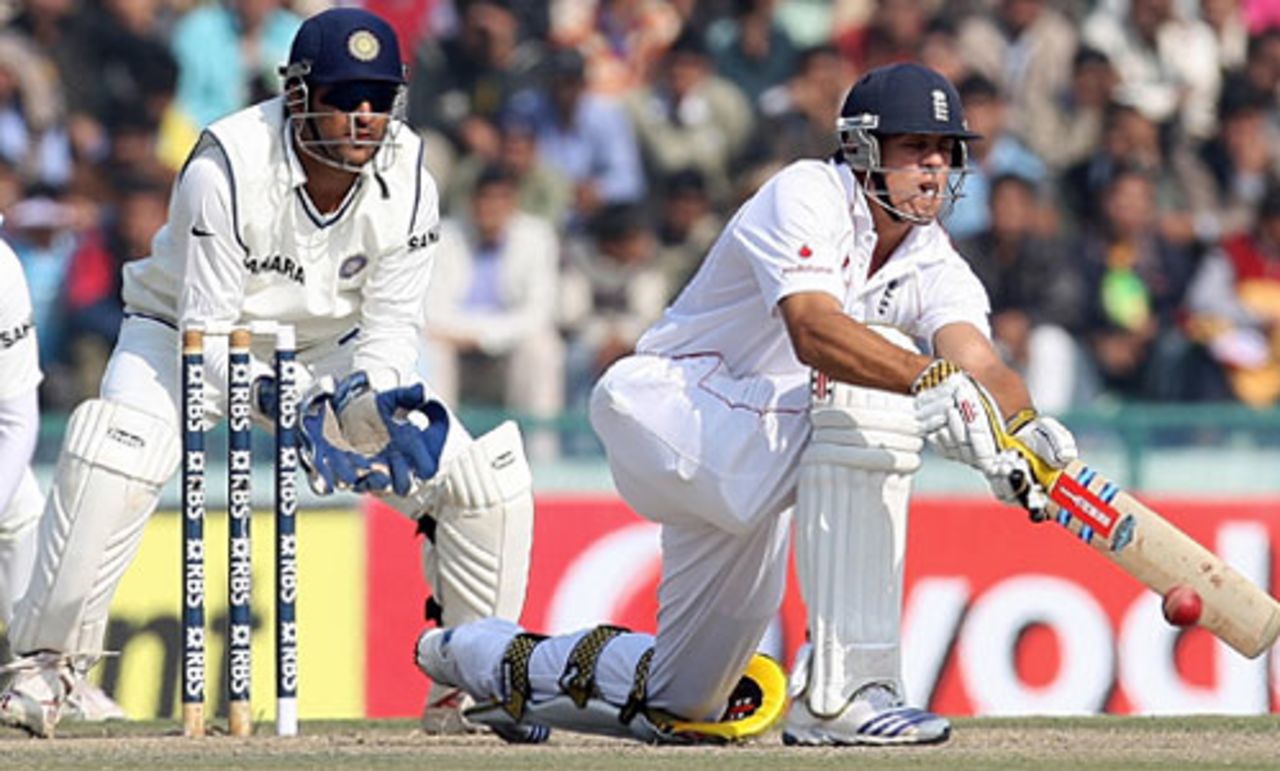 Alastair Cook attempts a paddle, India v England, 2nd Test, Mohali, 3rd day, December 21, 2008