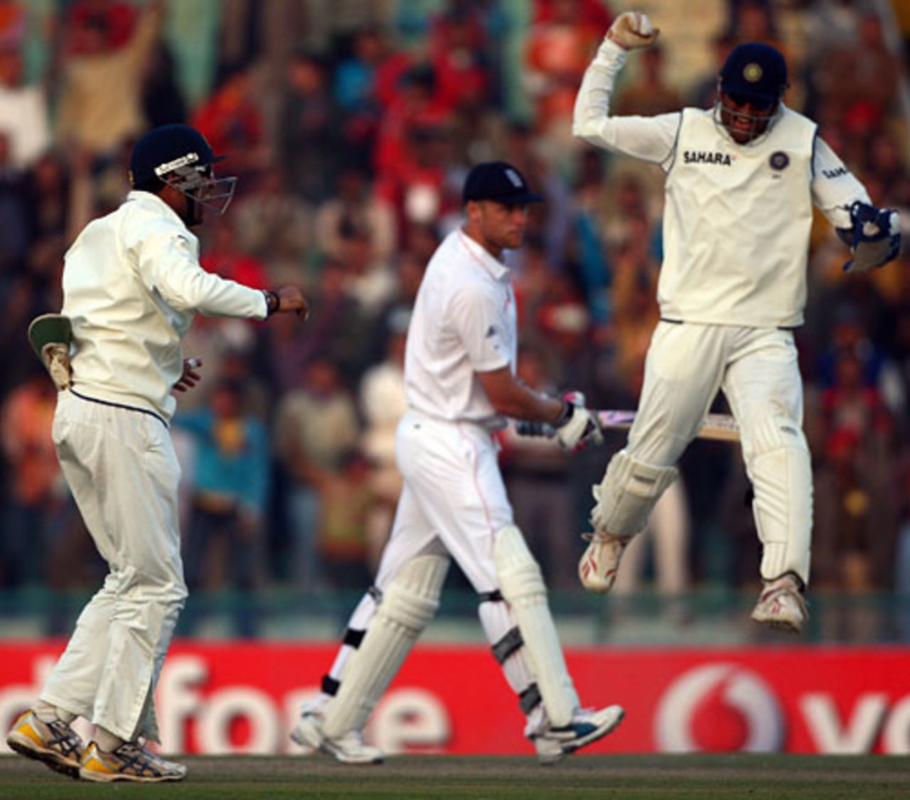 Indian players celebrate after Andrew Flintoff is caught at forward short leg, India v England, 2nd Test, Mohali, 3rd day, December 21, 2008