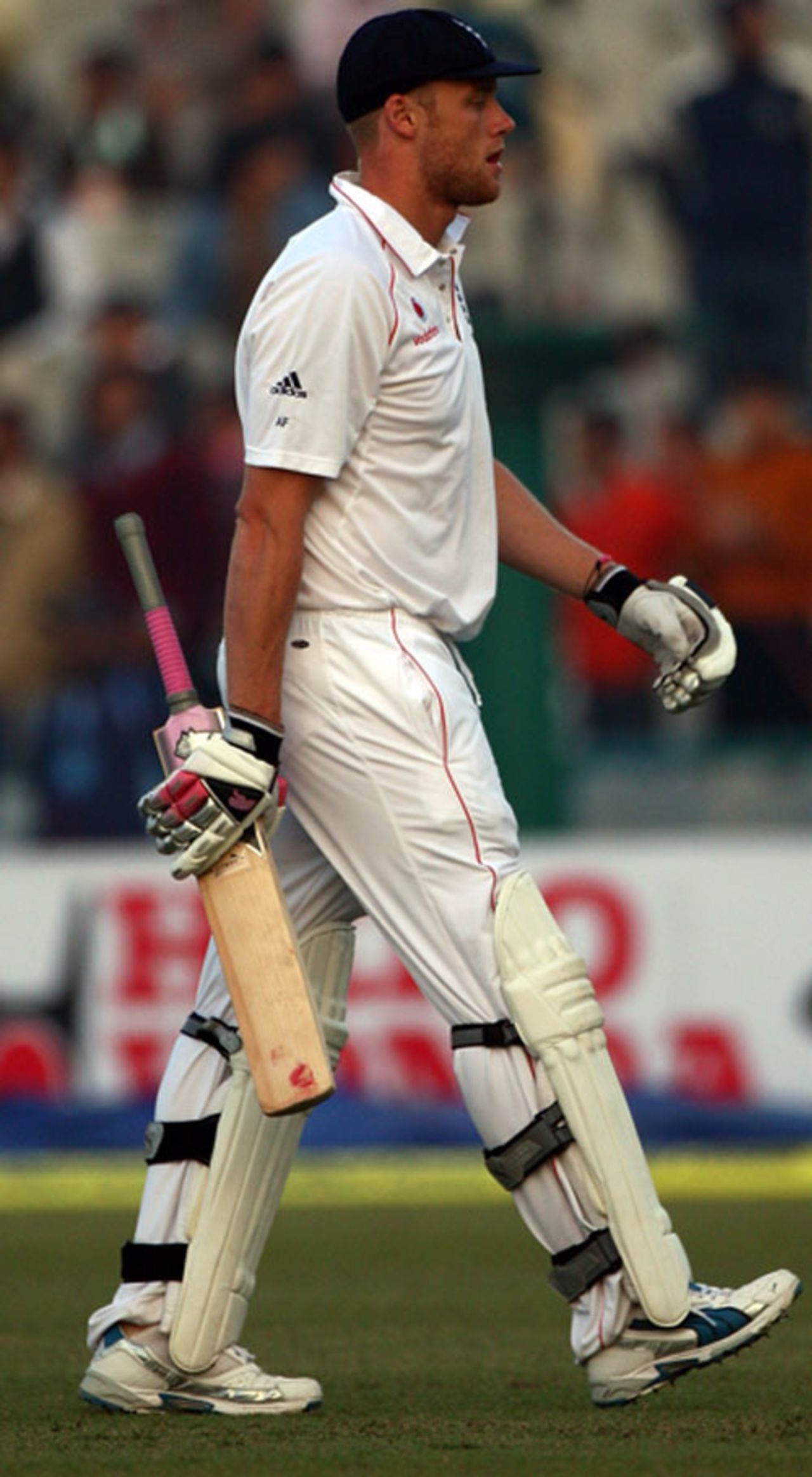 Andrew Flintoff walks back after being dismissed late in the day, India v England, 2nd Test, Mohali, 3rd day, December 21, 2008