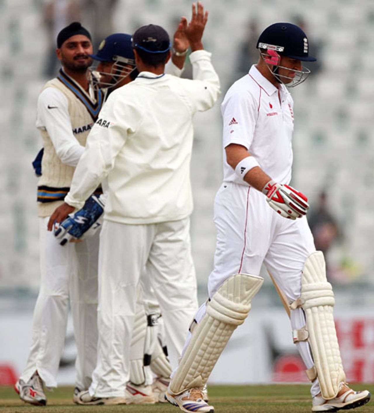 Matt Prior walks back after being dismissed by Harbhajan Singh, India v England, 2nd Test, Mohali, 4th day, December 22, 2008