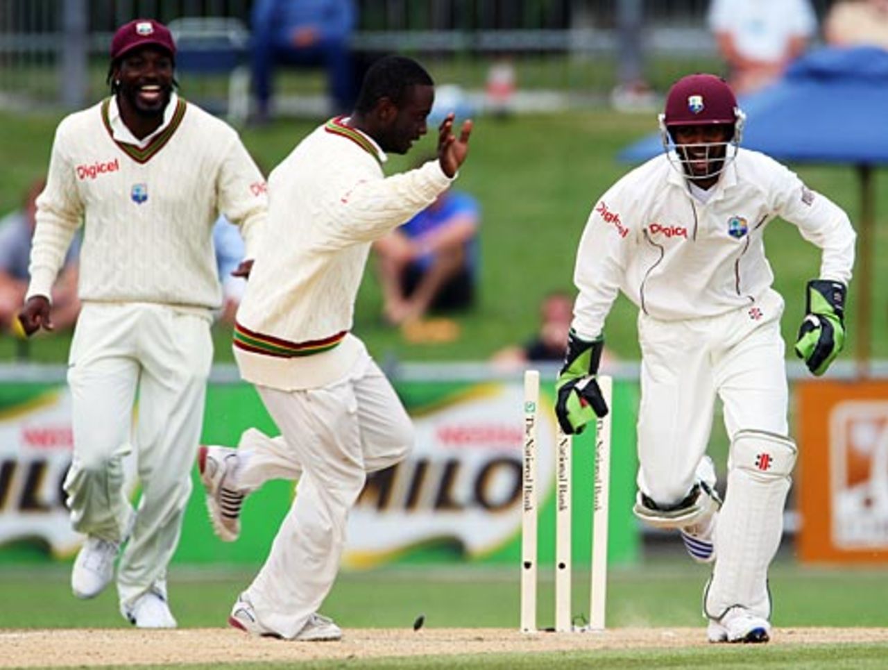 West Indies players celebrate Daniel Flynn's run-out, New Zealand v West Indies, 2nd Test, Napier, 5th day, December 23, 2008