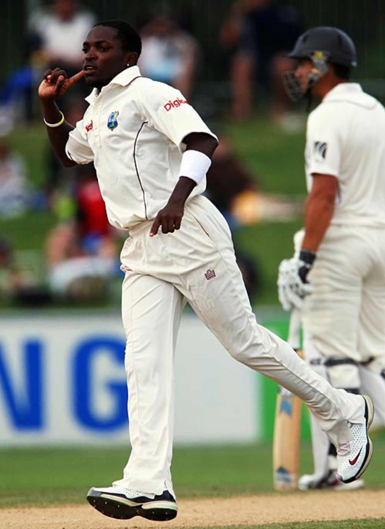 Fidel Edwards kicks off the celebrations after removing Jamie How, New Zealand v West Indies, 2nd Test, Napier, 5th day, December 23, 2008