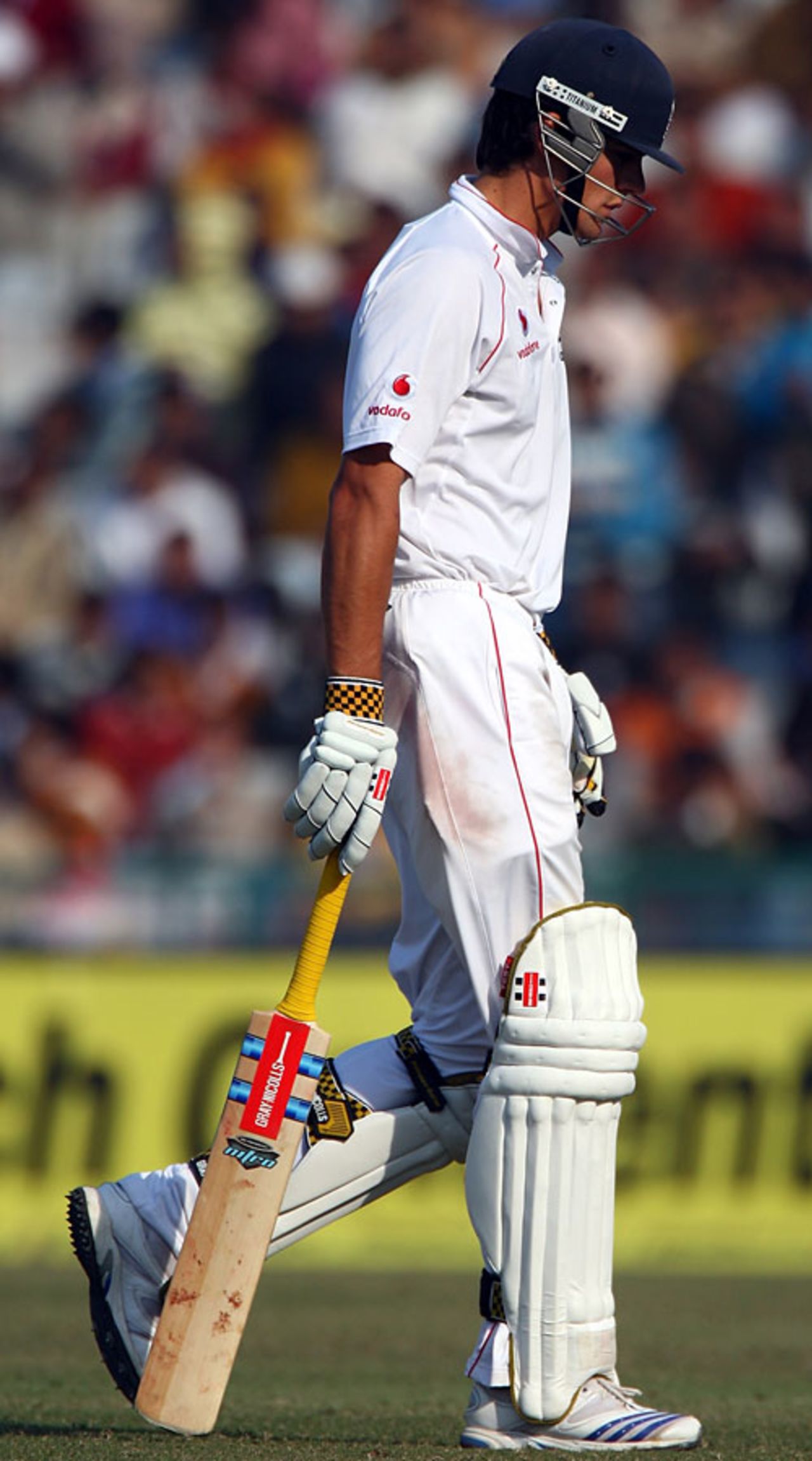 Alastair Cook walks back after edging a catch to slip off Ishant Sharma, India v England, 2nd Test, Mohali, 5th day, December 23, 2008