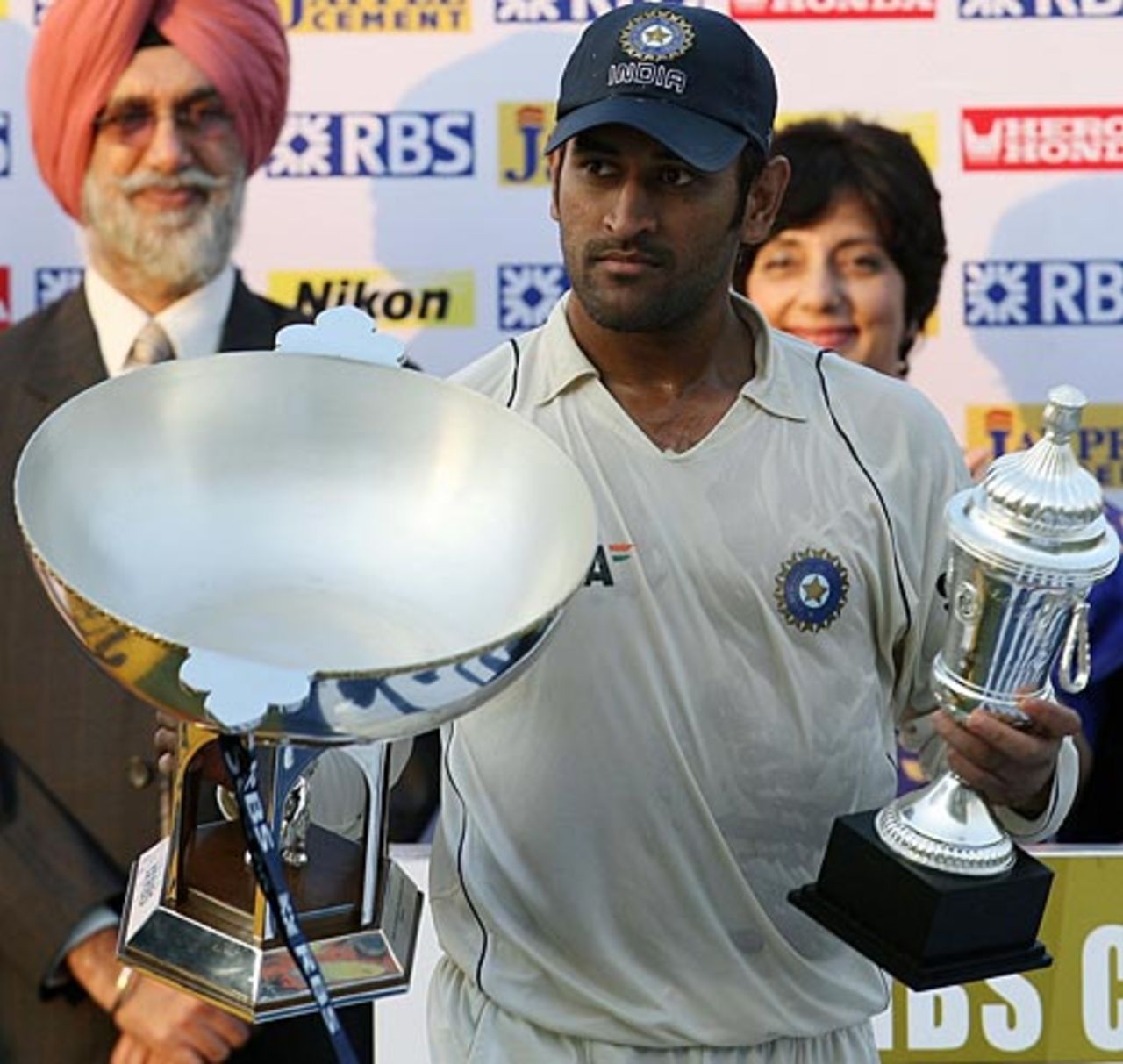 Mahendra Singh Dhoni with his trophies, India v England, 2nd Test, Mohali, 5th day, December 23, 2008
