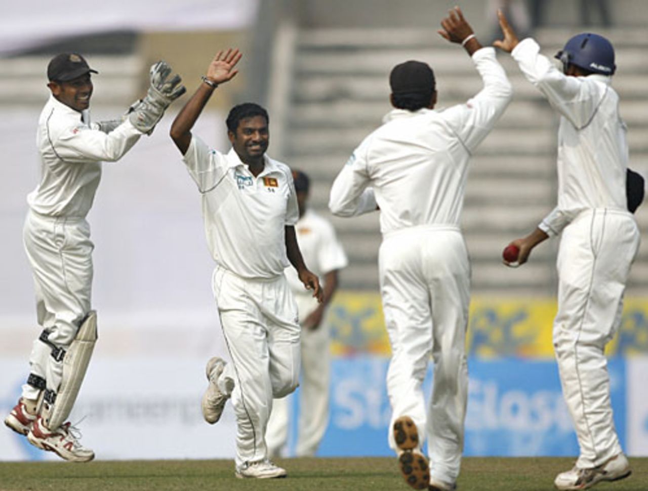 Muttiah Muralitharan celebrates a wicket during his five-for, Bangladesh v Sri Lanka, 1st Test, Mirpur, 1st day, December 26, 2008