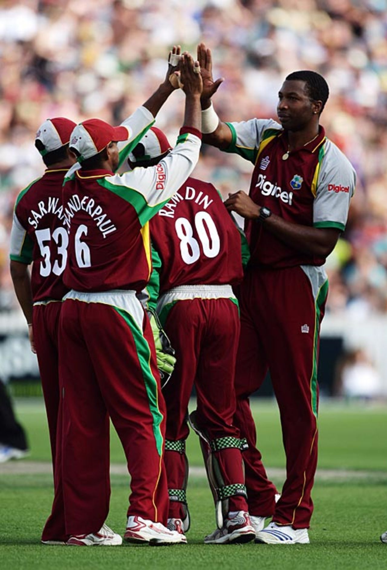 Sulieman Benn gets the high-fives from his team-mates after removing James Franklin, New Zealand v West Indies, 2nd Twenty20, Hamilton, December 28, 2008