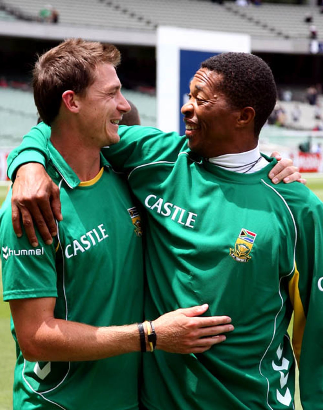 Dale Steyn and Makhaya Ntini celebrate South Africa's triumph, Australia v South Africa, 2nd Test, Melbourne, 5th day, December 30, 2008
