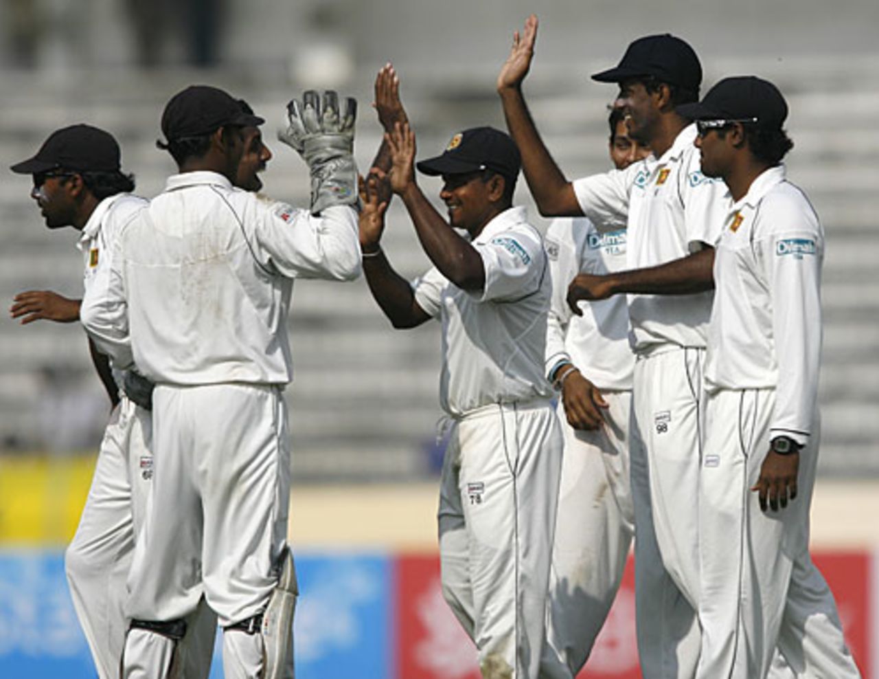 Sri Lankan players celebrate the final wicket, Bangladesh v Sri Lanka, 1st Test, Dhaka, 5th day, December 31, 2008