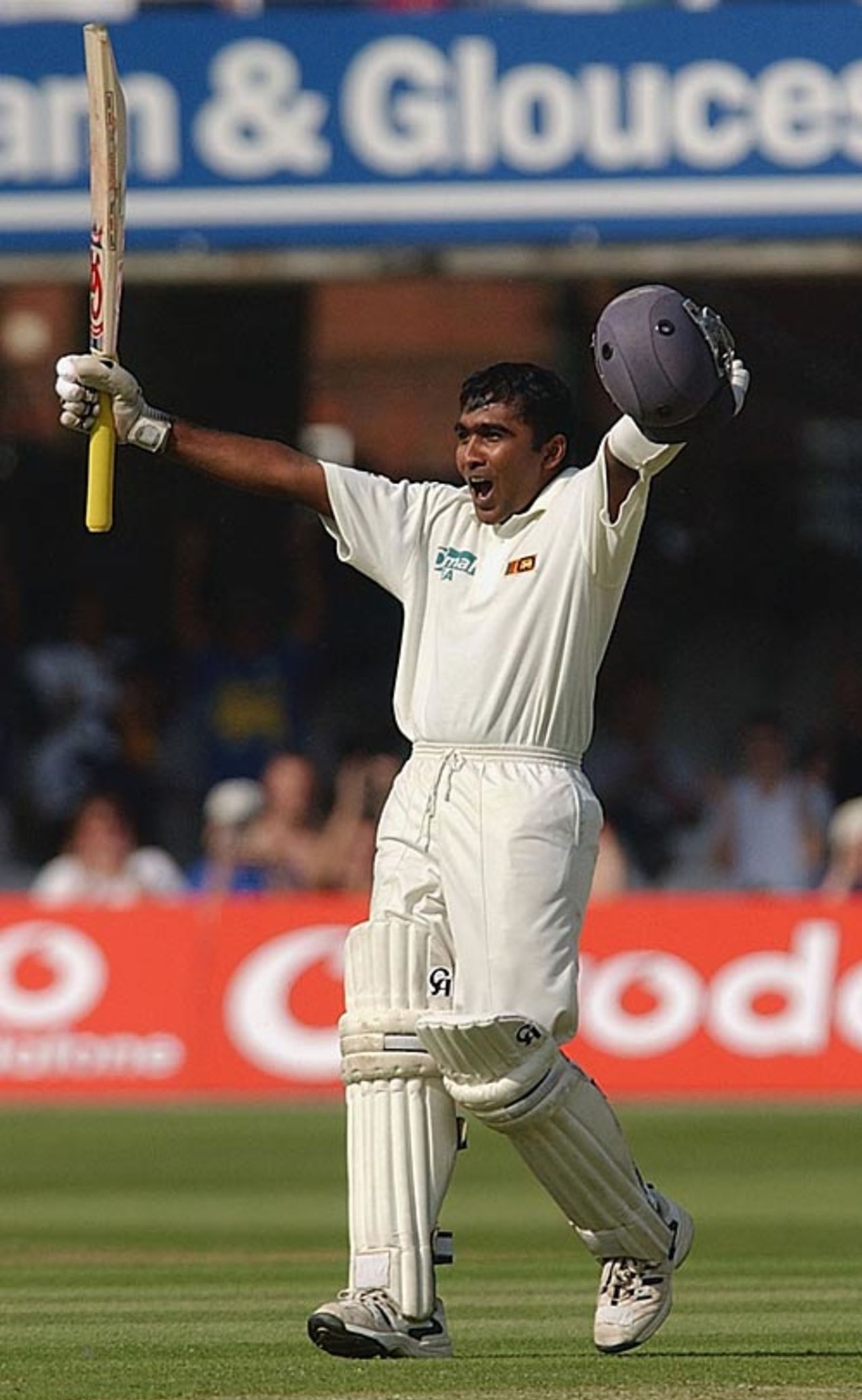 Mahela Jayawardene is euphoric on reaching his hundred, England v Sri Lanka, 1st Test, Lord's, 1st day, May 16, 2002