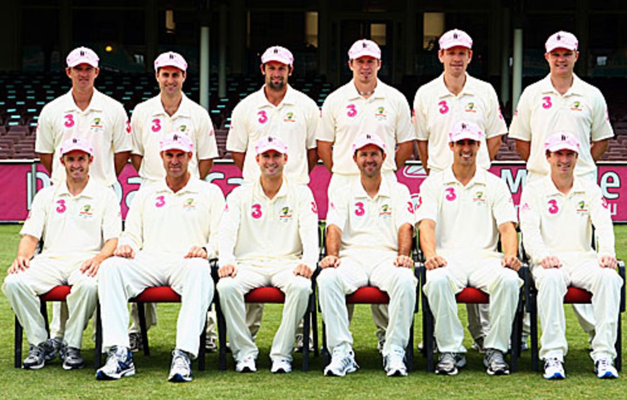 The Australians gather for a group photo wearing pink caps, Sydney, January 2, 2009